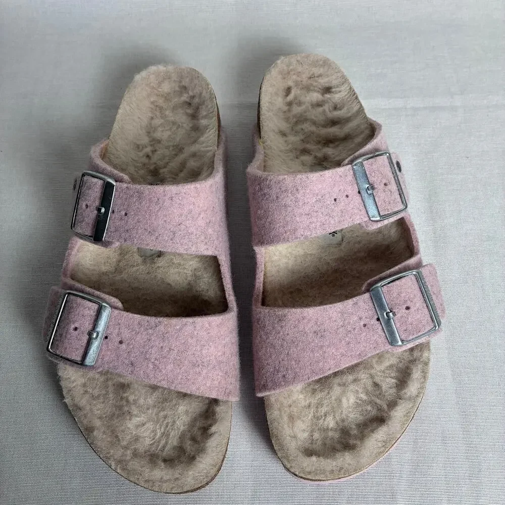 Birkenstock Arizona Shearling Wool Felt Sandals Pink EU 40 US 9-9.5 Slides
